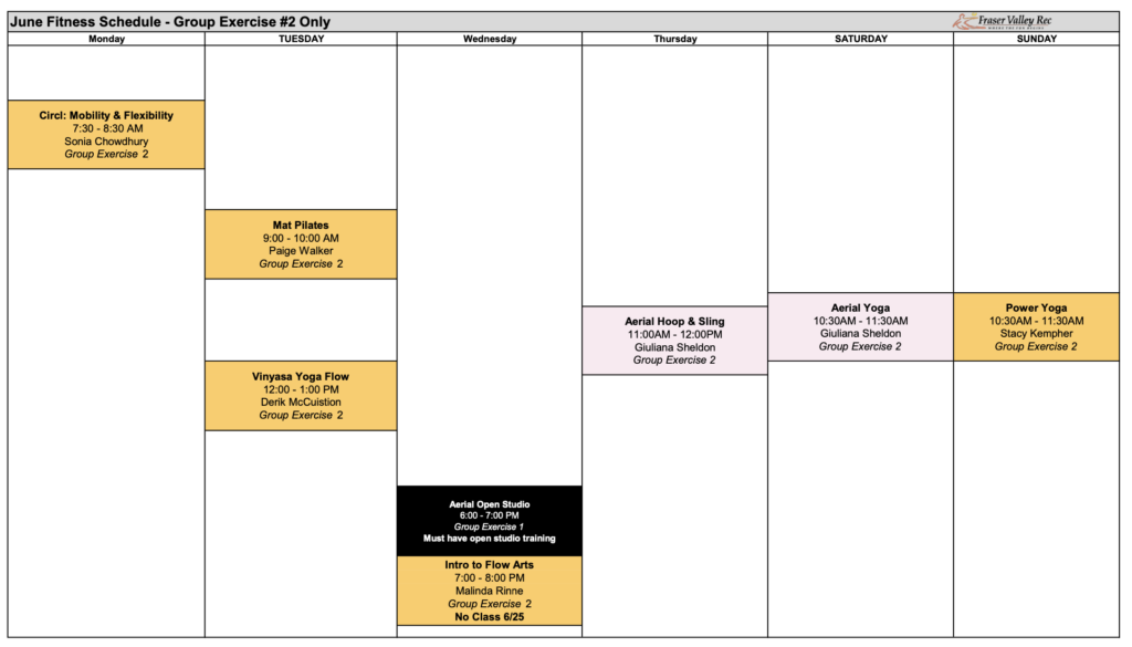 A visual grid of the June Fitness Group Exercise Room 2 schedule. See below for specific dates and times for all provided classes. 